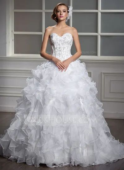 Ball-Gown Sweetheart Court Train Organza Satin Wedding Dress With Beadwork Sequins