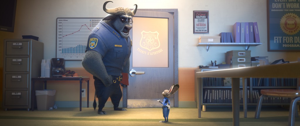 ZOOTOPIA – Pictured (L-R): Chief Bogo, Judy Hopps. ©2016 Disney. All Rights Reserved.