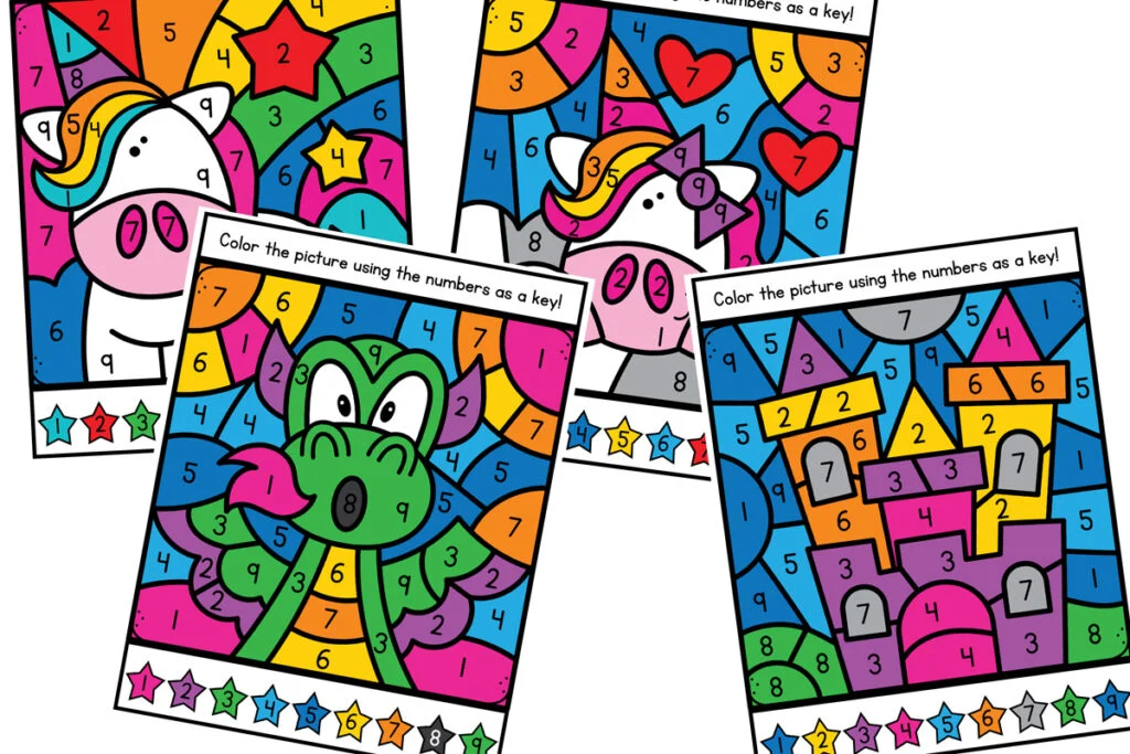 magical color by number pages for preschool or kindergarten