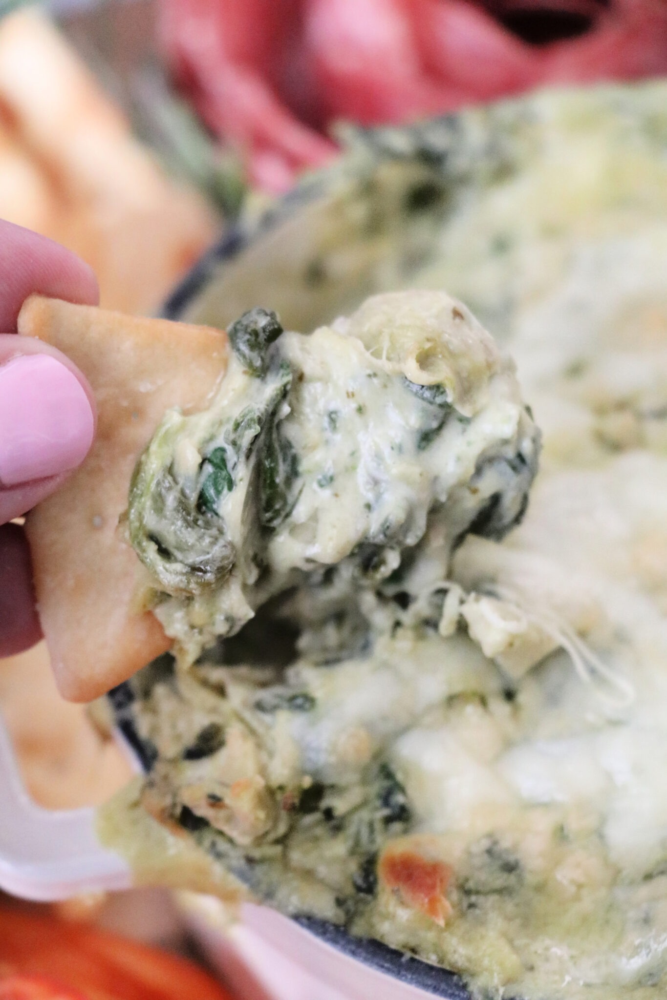 Hot and Cheesy Pesto Spinach Artichoke Dip Snack Board » The Denver