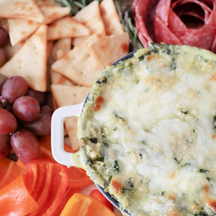 Hot and Cheesy Pesto Spinach Artichoke Dip Snack Board