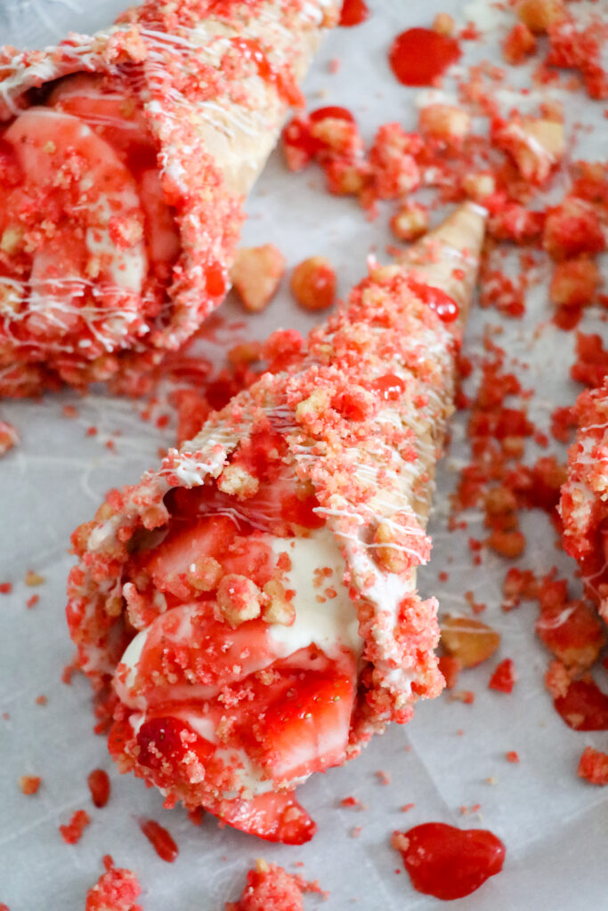 strawberry crunch cheesecake stuffed waffle cones