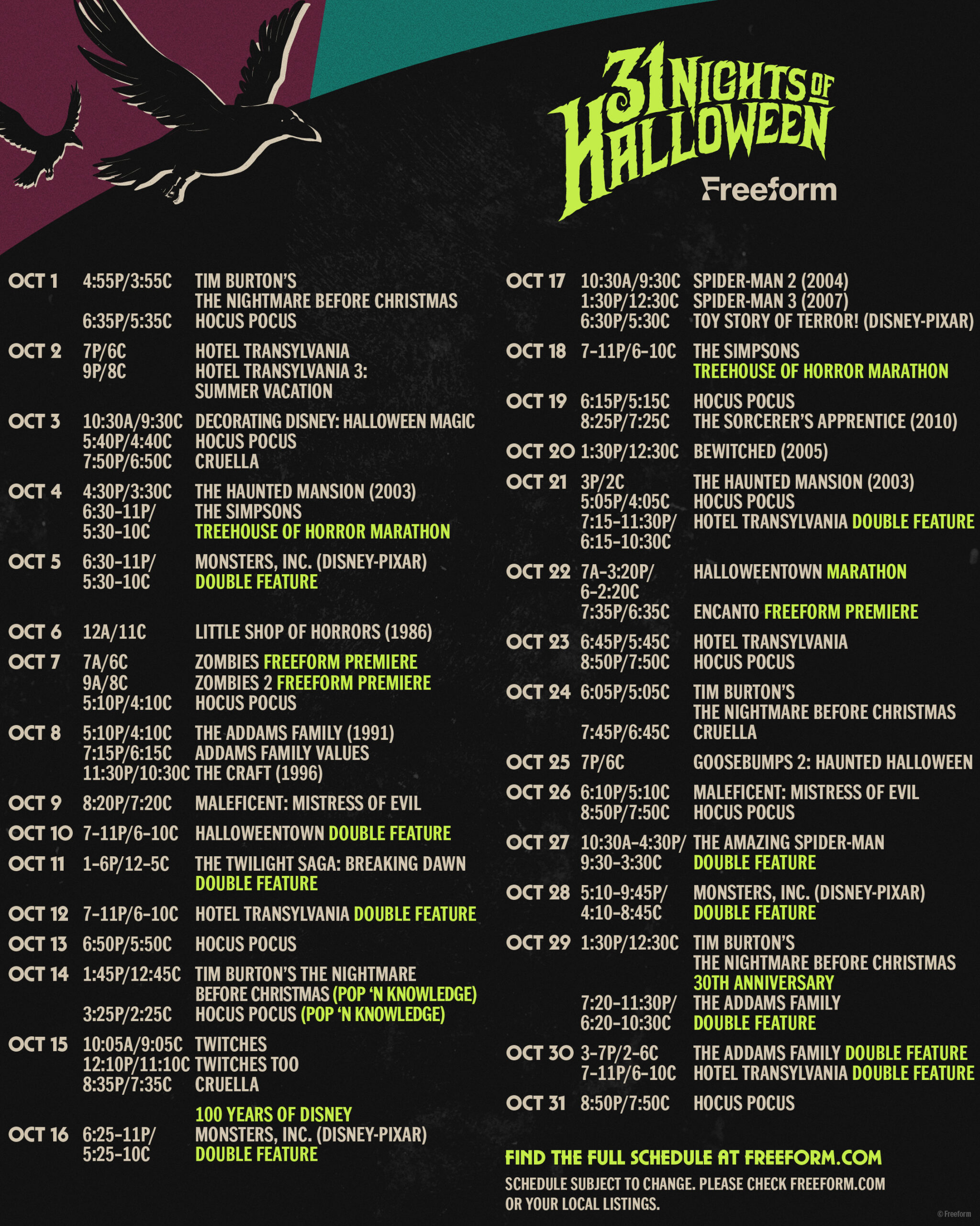 Freeform 31 Nights of Halloween 2023 Free Printable Schedule » The