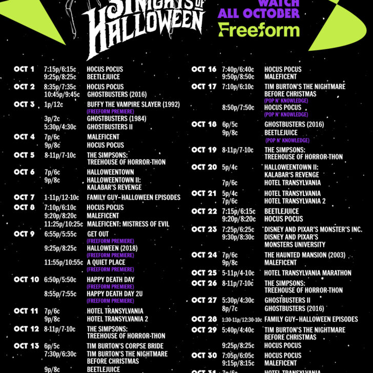 Freeform 31 Nights of Halloween 2022 Free Printable Schedule