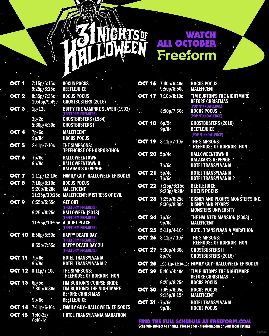Freeform 31 Nights of Halloween 2023 Free Printable Schedule » The